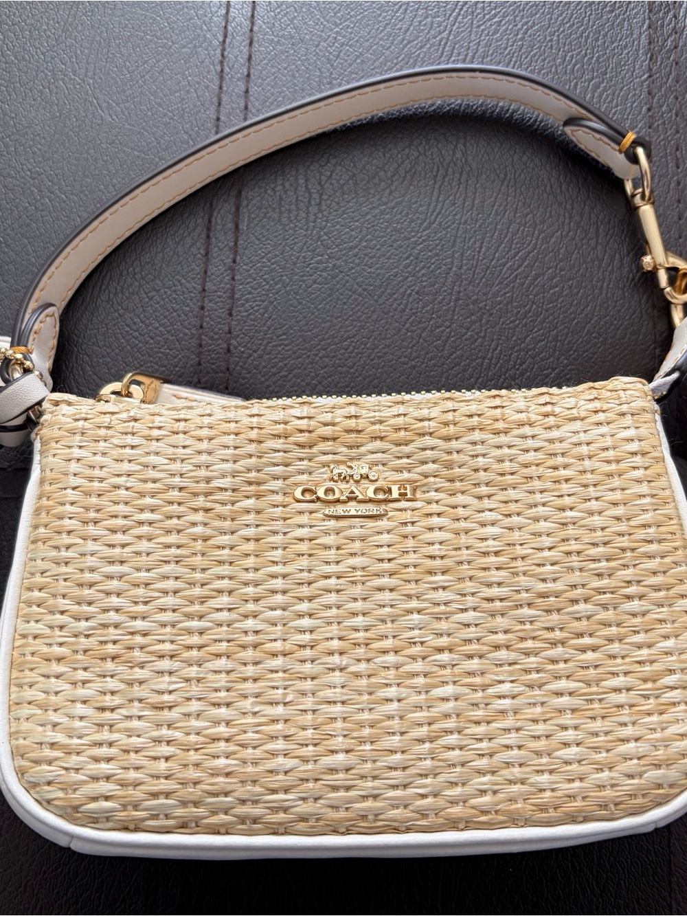 Coach Natural Straw Bag with White Trim and Gold Hardware